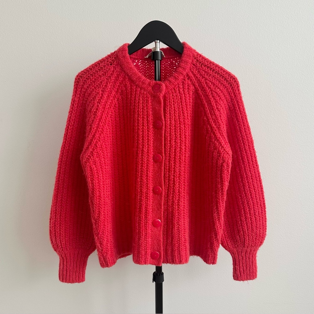 Sezane Emile Red Chunky Alpaca Wool Crew Neck Cardigan Size XS